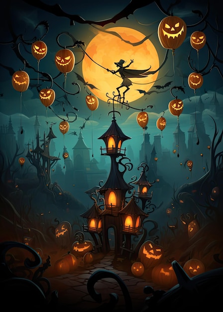 Illustration Halloween des monstres effrayants des citrouilles