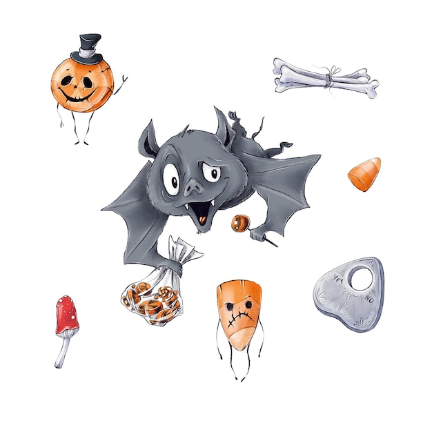 Illustration halloween personnage chauve-souris vampire et éléments