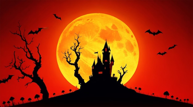 Illustration d'Halloween avec la silhouette du château à la lune brillante et des arbres morts près