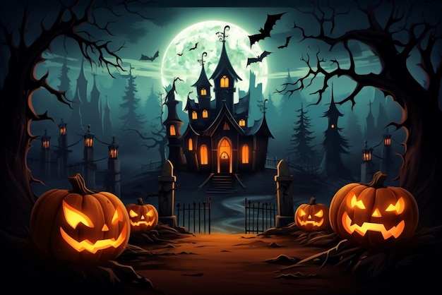 Illustration d'Halloween de vacances avec château sombre et citrouilles AI générative