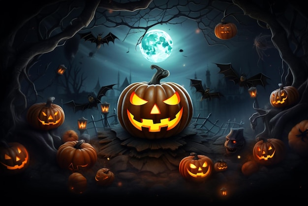 Illustration d'Halloween de vacances avec des citrouilles effrayantes dans la forêt AI générative