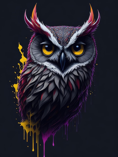 Illustration d'un hibou aux yeux jaunes saisissants dans une peinture créée avec la technologie Generative AI