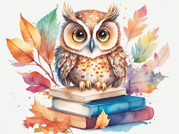 Illustration d'un hibou debout sur des livres dans un style aquarelle