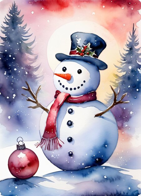 Illustration d'hiver de Noël aquarelle avec fond de carte de voeux Happy Snowman