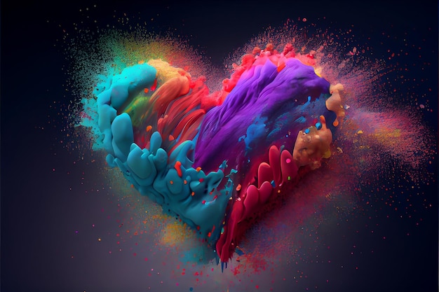 Illustration de holi poussière éclaboussant en forme de coeur sur fond noir ai