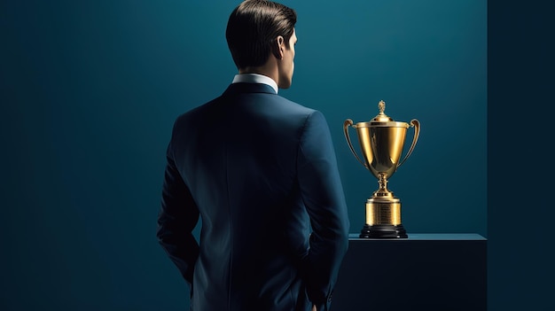 Illustration de l'homme d'affaires et du trophée d'or finance et concept d'entreprise fond bleu AI