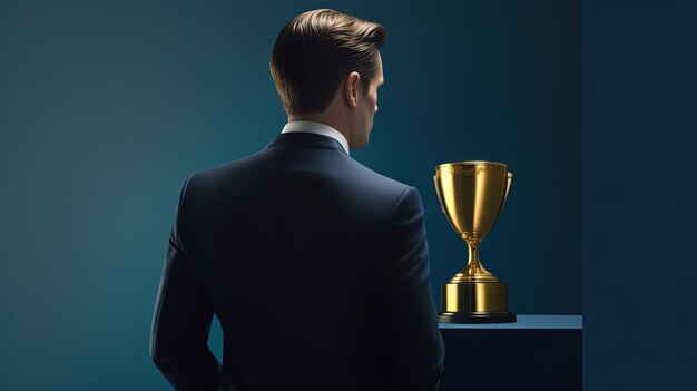 Illustration de l'homme d'affaires et du trophée d'or finance et concept d'entreprise fond bleu AI