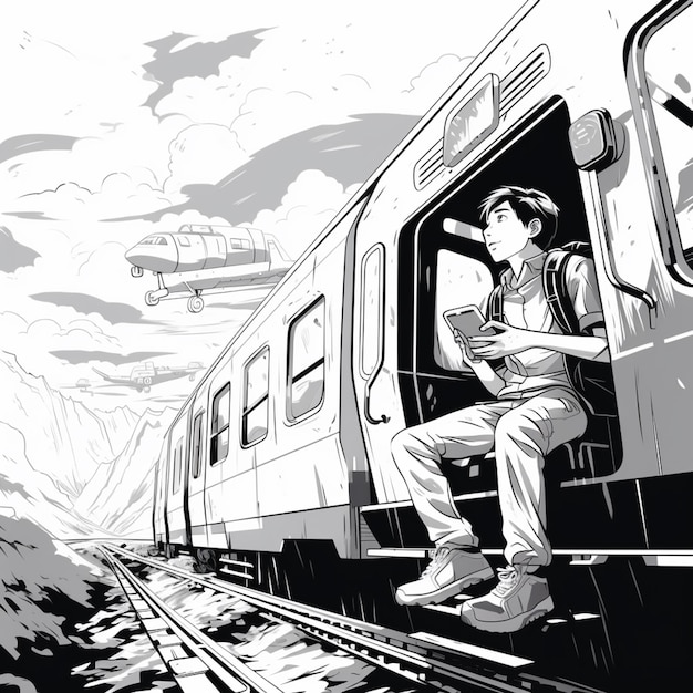 illustration d'un homme assis dans un train regardant par la fenêtre