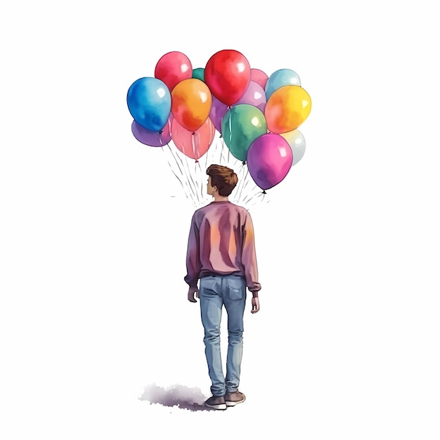 Illustration d'un homme avec des ballons colorés volant dans l'air fond simple conception propre