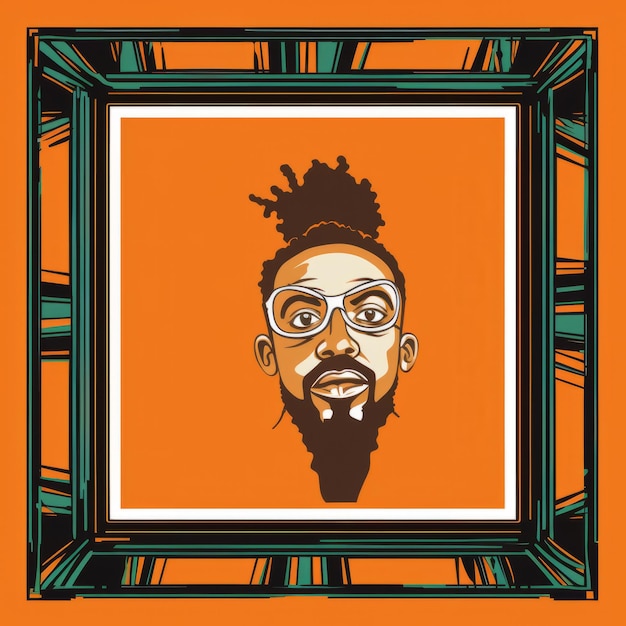 une illustration d'un homme avec une barbe et des lunettes sur fond orange