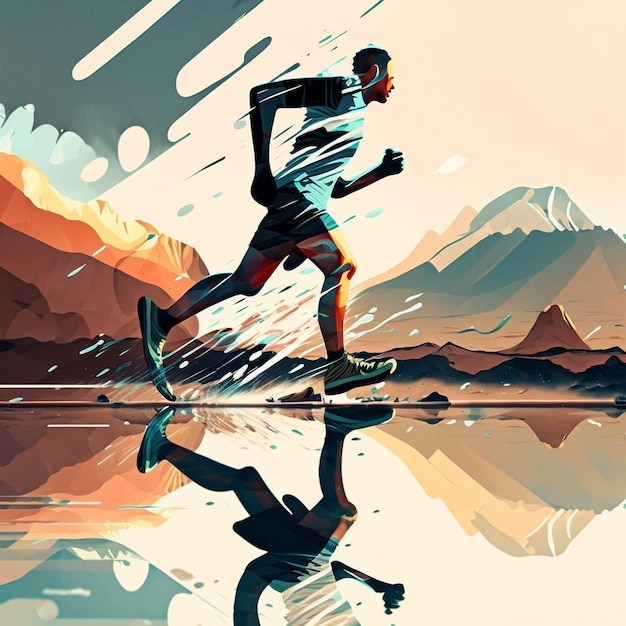 Illustration d'un homme courant à la surface d'un lac créée avec Generative AI