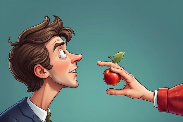 Illustration d'un homme de dessin animé tendant la main pour une pomme