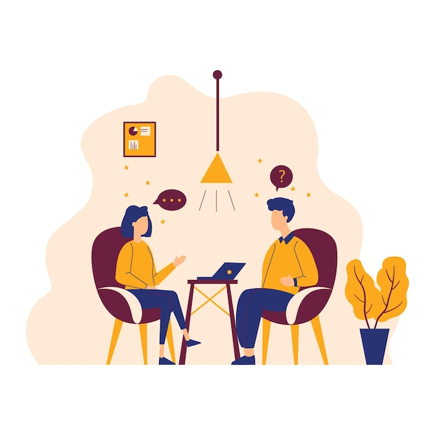 Illustration d'un homme et d'une femme assis à plat pendant qu'ils discutent au bureau