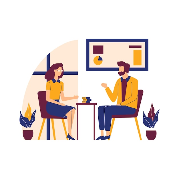 Illustration d'un homme et d'une femme assis à plat pendant qu'ils discutent au bureau