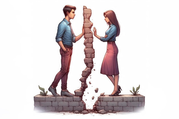 illustration d'un homme et d'une femme séparés sur un morceau de vieux mur sur fond blanc ai génératif