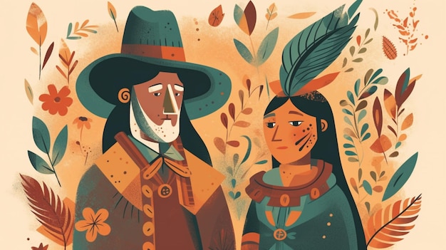 Une illustration d'un homme et d'une femme en vêtements amérindiens.