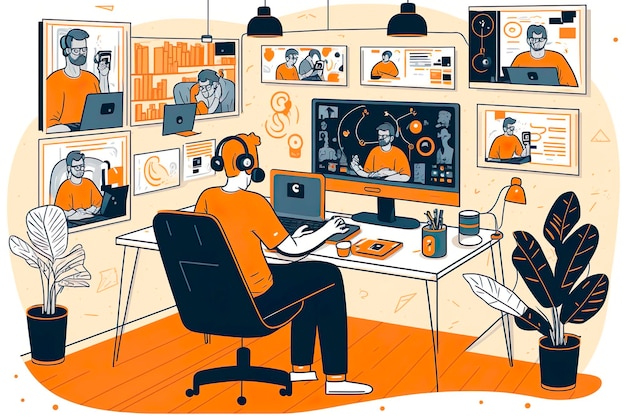 Une illustration d'un homme jouant à un jeu vidéo avec un homme portant des écouteurs.