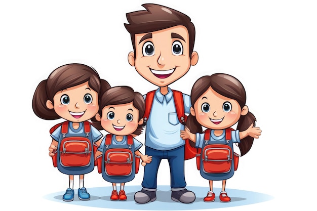 Une illustration d'un homme joyeux avec trois enfants souriants, tous portant des sacs à dos rouges et habillés en tenue d'école.