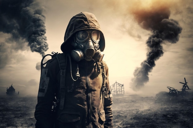 Illustration d'un homme portant un masque à gaz dans une scène apocalyptique d'après-guerre AI générative