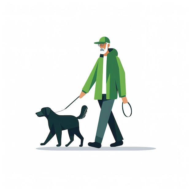 Une illustration d'un homme promenant un chien.