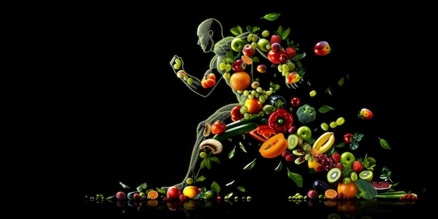 Illustration d'un homme qui court à partir de légumes et de fruits Concept d'alimentation saine IA générative