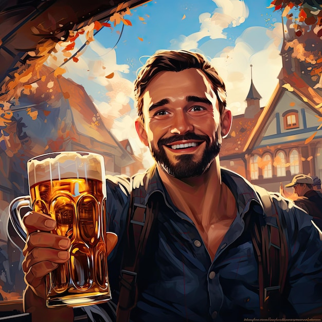Illustration d'un homme souriant et buvant de la bière à l'Oktoberfest