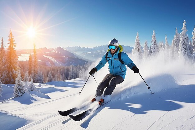 Illustration d'un homme en train de skier pendant l'hiver par une journée ensoleillée.