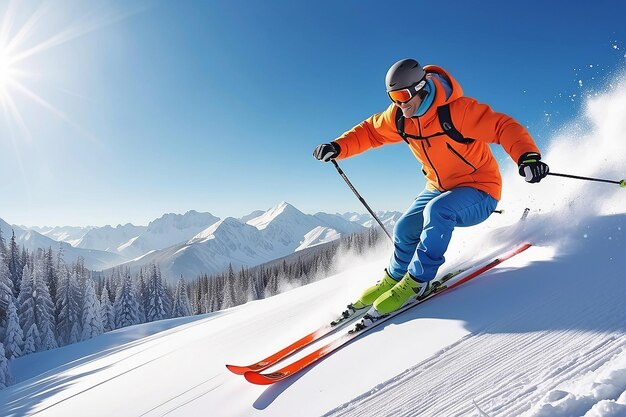 Illustration d'un homme en train de skier pendant l'hiver par une journée ensoleillée.