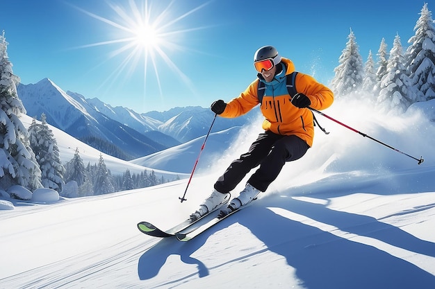 Illustration d'un homme en train de skier pendant l'hiver par une journée ensoleillée.