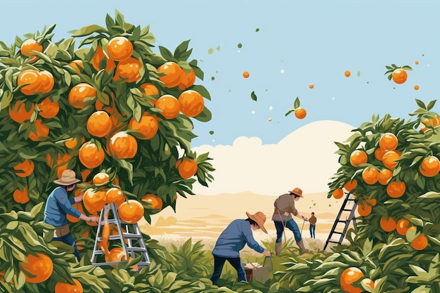 Une illustration d'hommes travaillant dans un jardin avec des oranges.