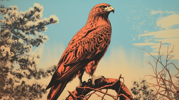 Photo illustration hyper détaillée d'un oiseau rouge sur une branche