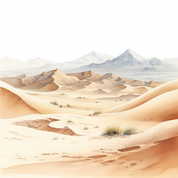 Illustration hyper réaliste à l'aquarelle de dunes et de montagnes du désert