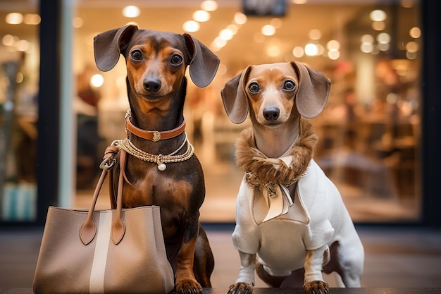 Photo illustration hyper réaliste en hd de chiens portant des vêtements et des sacs tout en achetant des cadeaux pour les fêtes