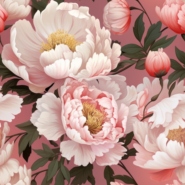 Illustration hyper-réaliste de péonies roses et blanches sur un fond rose solide modèle sans couture