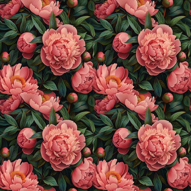 Illustration hyper réaliste de la vieille école de peonies roses à motifs sans couture