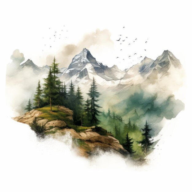 Illustration hyperréaliste à l'aquarelle des montagnes de l'arrière-pays