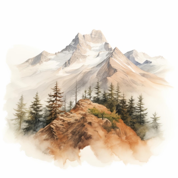 Illustration hyperréaliste à l'aquarelle de montagnes sur un fond blanc
