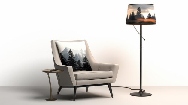 Photo illustration hyperréaliste d'une chaise et d'une lampe sur fond de forêt