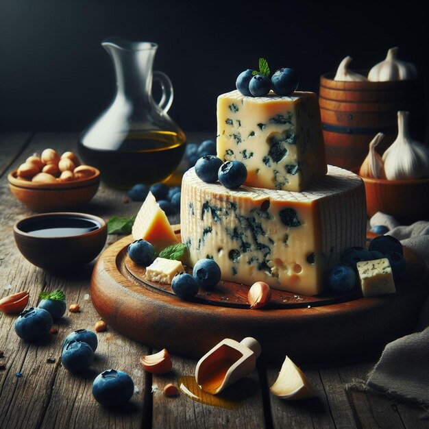 Photo illustration hyperréaliste d'un délicieux portrait de nature morte au fromage gorgonzola italien