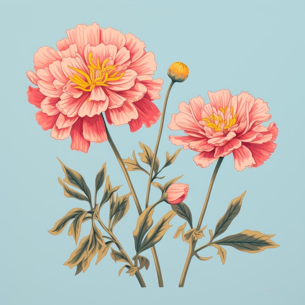 Illustration hyperréaliste de deux fleurs et feuilles roses sur fond bleu