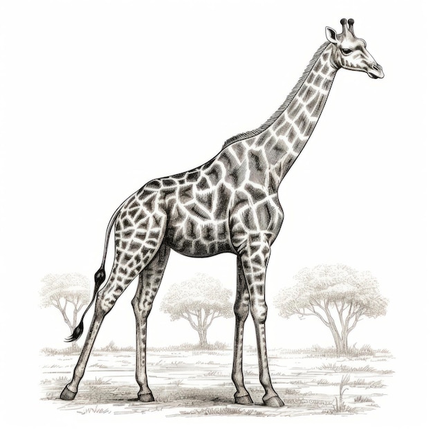 Illustration hyperréaliste d'une majestueuse girafe debout parmi les arbres