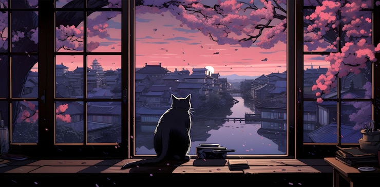 Illustration IA d’un chat regardant par la fenêtre un coucher de soleil orange et rose