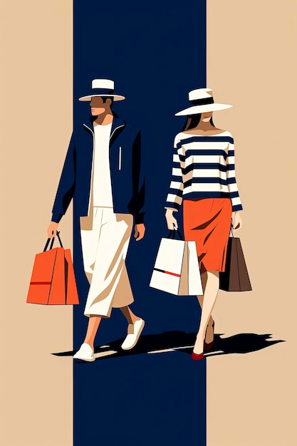 Illustration IA générative d'un beau couple de shopping avec des sacs dans les mains dans un style vectoriel minimal Art numérique