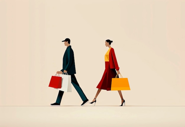 Illustration IA générative d'un beau couple de shopping avec des sacs dans les mains dans un style vectoriel minimal Art numérique