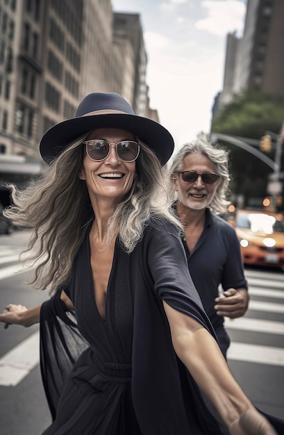 Illustration d'IA générative d'une belle femme de 60 ans aux cheveux gris dans les rues de New York
