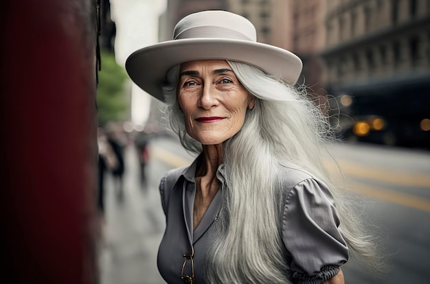 Illustration d'IA générative d'une belle femme de 60 ans aux cheveux gris dans les rues de New York