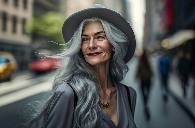 Illustration d'IA générative d'une belle femme de 60 ans aux cheveux gris dans les rues de New York