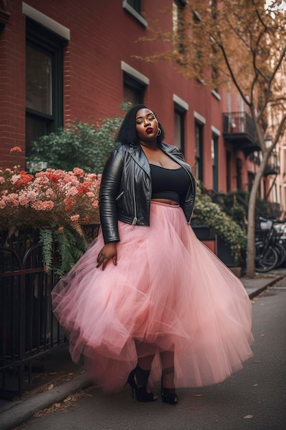 Illustration IA générative d'une belle et heureuse femme noire taille plus marchant dans la rue avec une jupe en tulle rose