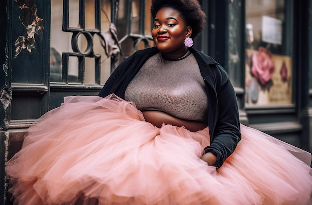 Illustration IA générative d'une belle et heureuse femme noire taille plus marchant dans la rue avec une jupe en tulle rose