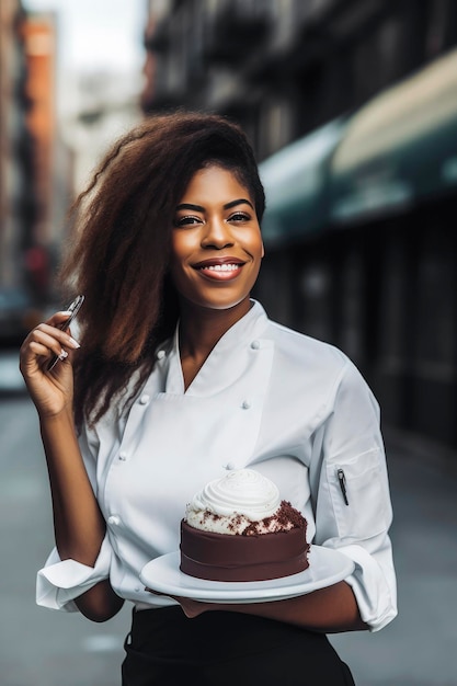 Illustration d'IA générative d'une belle jeune femme noire habillée en cuisinière montrant de la nourriture dans sa main